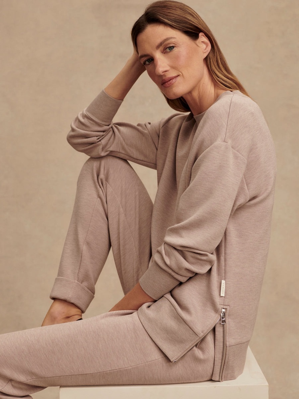 Varley Gabriella DoubleSoft Relaxed Side-Zip Crewneck Sweatshirt Taupe Marl Sm - Picture 2 of 12